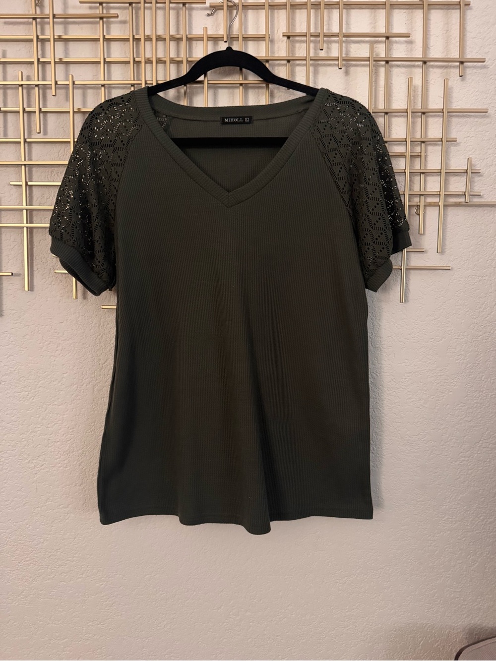 Miholl Olive Eyelet-Sleeve V-Neck Short Sleeve Tee